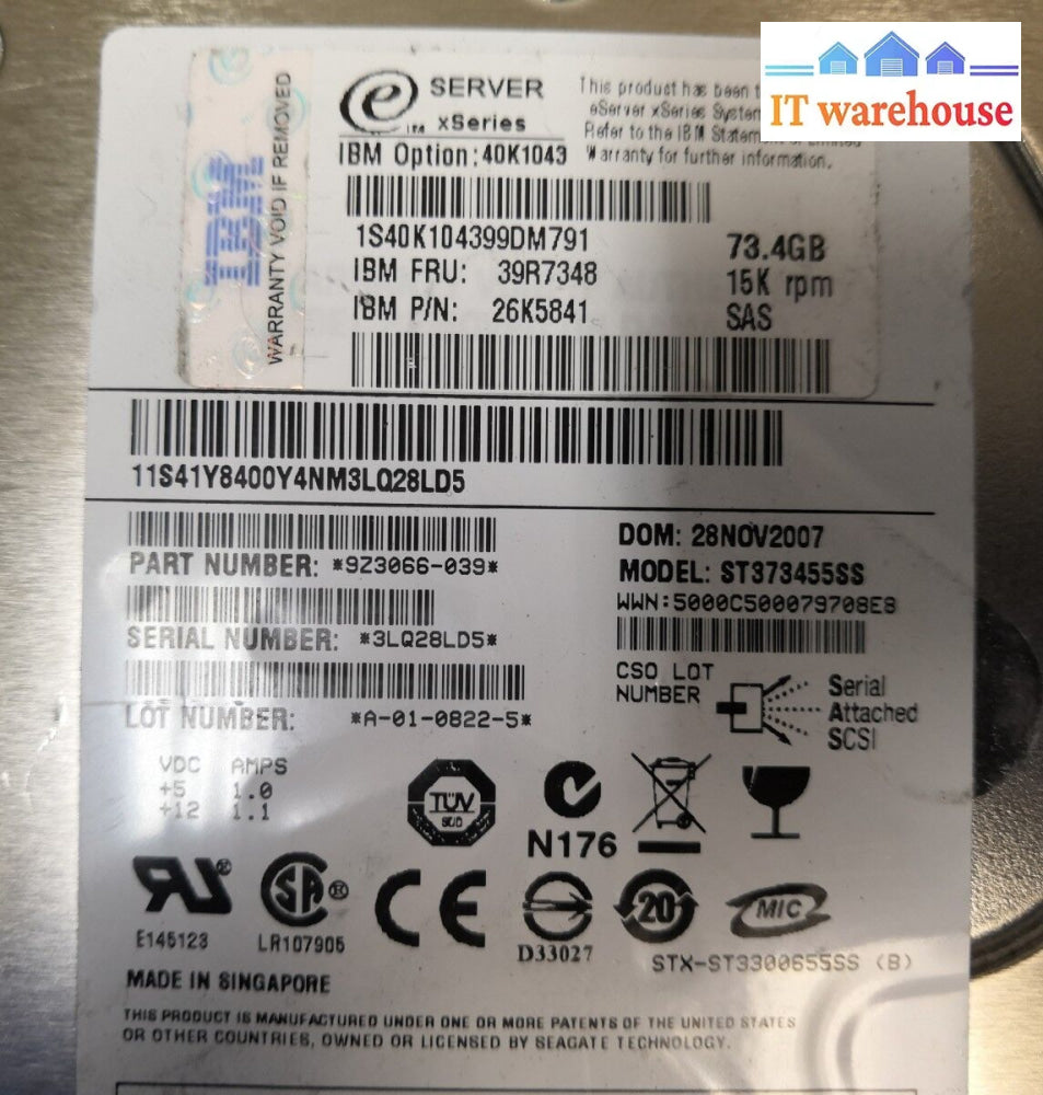-Ibm 3.5’ 73.4Gb 15K Sas Hard Drive 26K5841 39R7348 40K1043 St373455Ss @@@