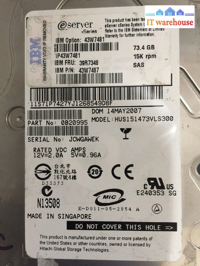 -Ibm 3.5’ 73.4Gb 15K Sas Hard Drive 43W7481 39R7348 43W7487 0B20995