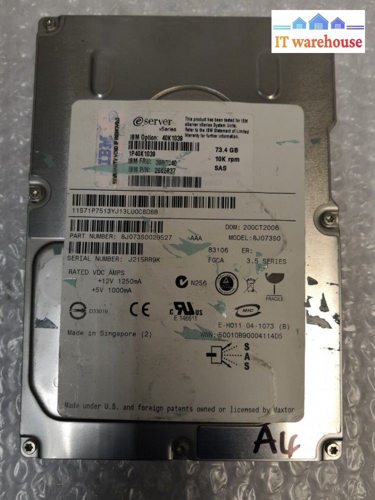 - Ibm 40K1039 39R7340 Hot-Swap 73Gb 10K Rpm 3.5’ Sas Hard Disk Drive