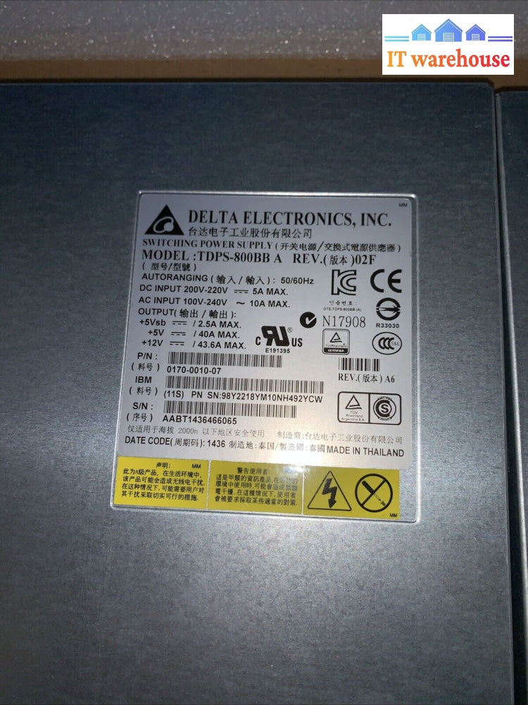 IBM Delta TDPS-800BB A 800W Power Supply 98Y2218 0170-0010-07 TDPS-800BBA PSU