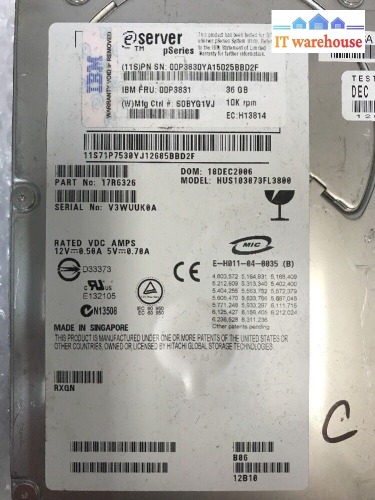 - IBM E Server 73GB 10K 17R6326 U320 SCSI Hard Drive HUS103073FL3800