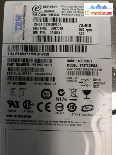 -Ibm Eserver 3.5’ 73.4Gb 15K Sas Hard Drive 26K5841 39R7348 40K1043 @@@