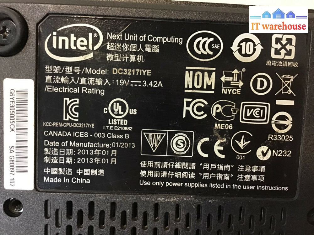Intel Next Unit of Computing Intel i3-3217U 1.8GHz 4GB RAM 64GB SSD Win10