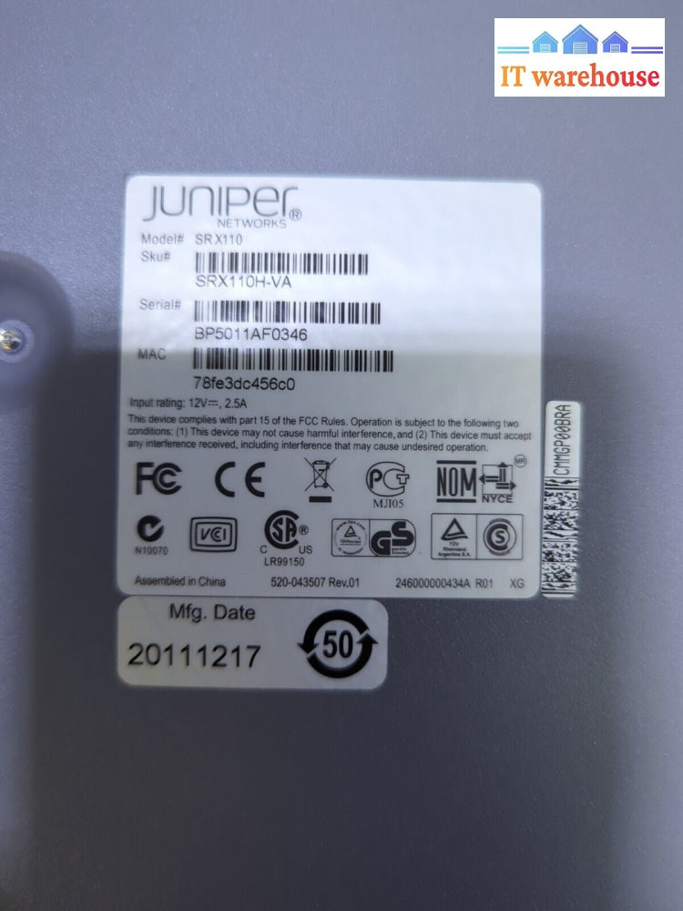 - Juniper Networks SRX110 Secure Services Gateway Security Appliance SRX110H2-VA