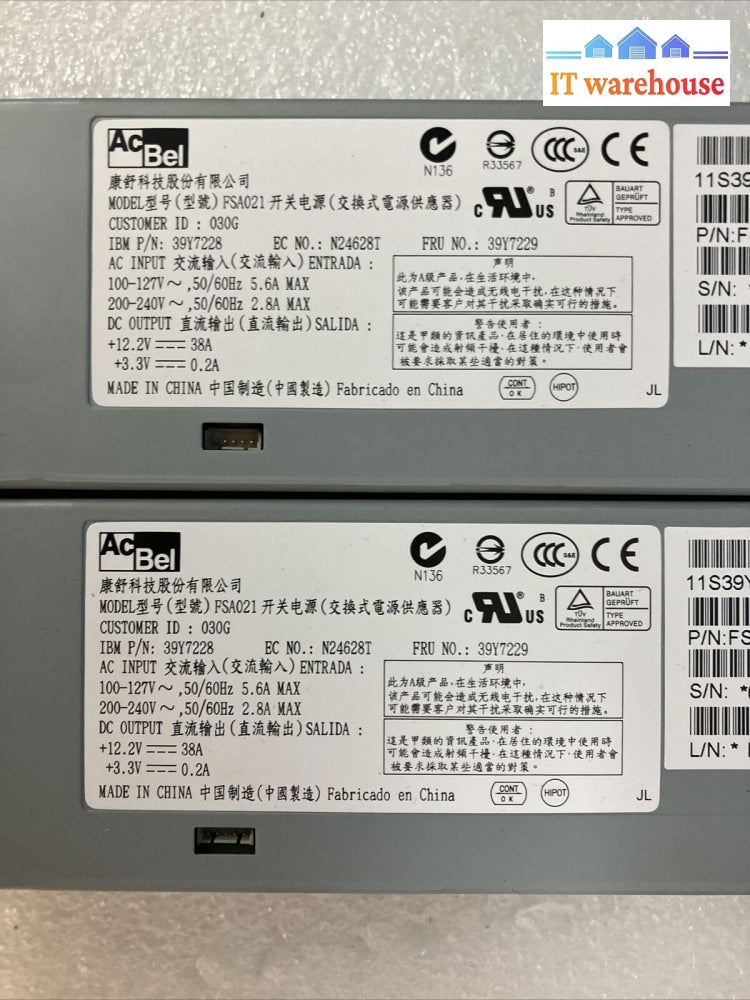 Lot 2X Acbel Fsa021-030G Ibm Server Power Supply 39Y7228 N24628T 39Y7229 675W ~