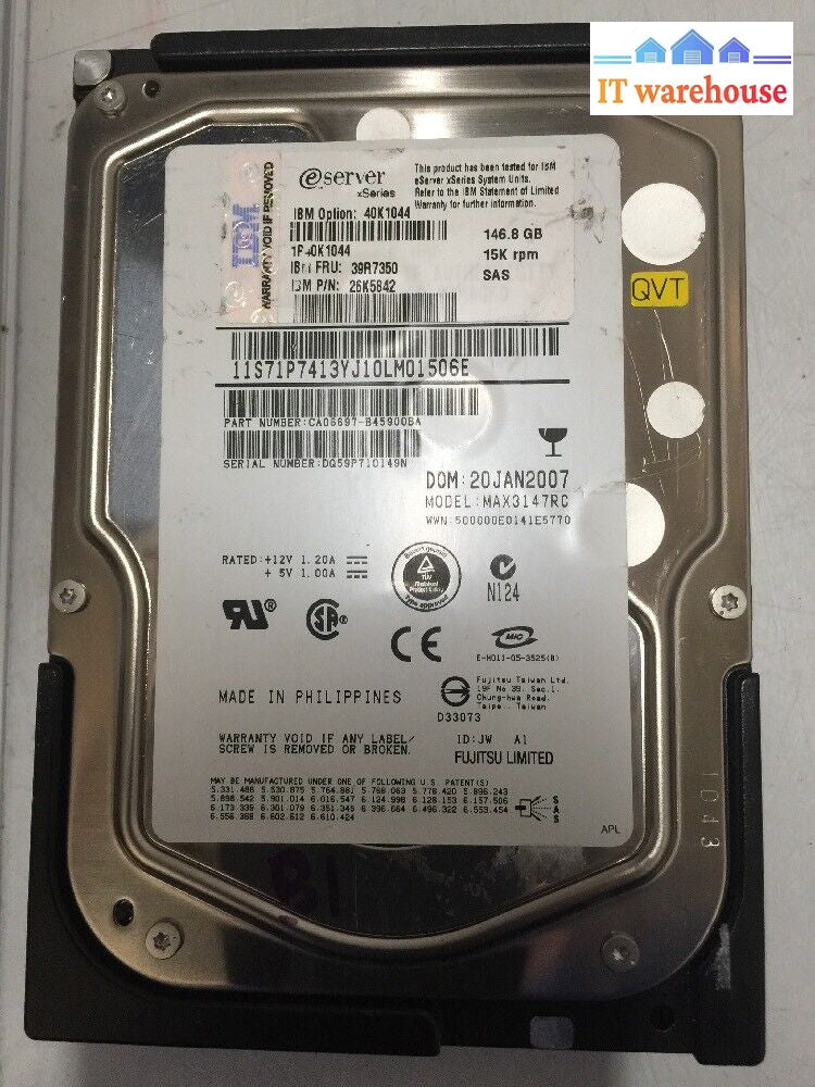 - Lot Of 2 39R7350 Ibm 146.8Gb 15K Sas Hard Drive 40K1044 26K5842 Max3147Rc