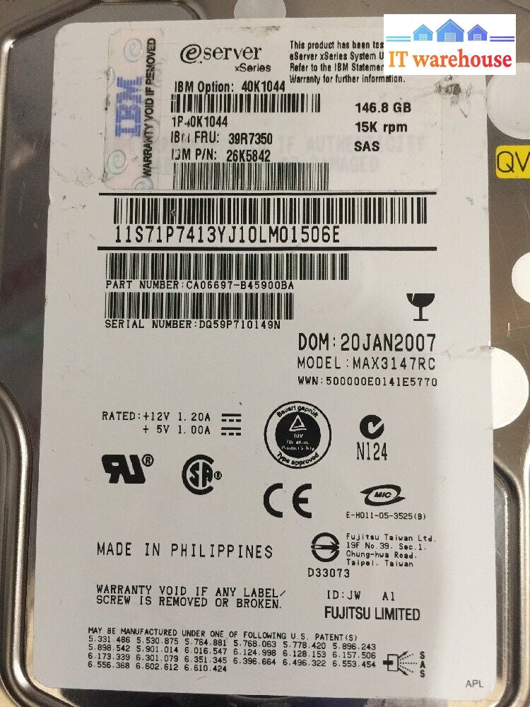 - Lot Of 2 39R7350 Ibm 146.8Gb 15K Sas Hard Drive 40K1044 26K5842 Max3147Rc