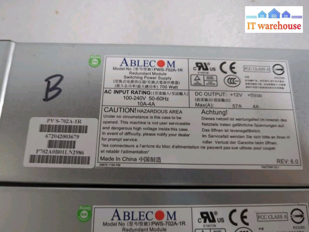 (Lot of 2) Ablecom SUPERMICRO PWS-702A-1R 700W Redundant Switching Power Supply