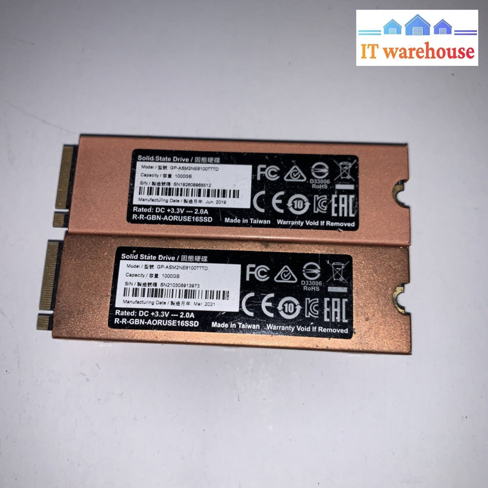 Lot of 2 Gigabyte M.2 2280 AORUS 1TB PCIe Gen4 NVMe 1.4b SSD GP-ASM2NE6100TTTD