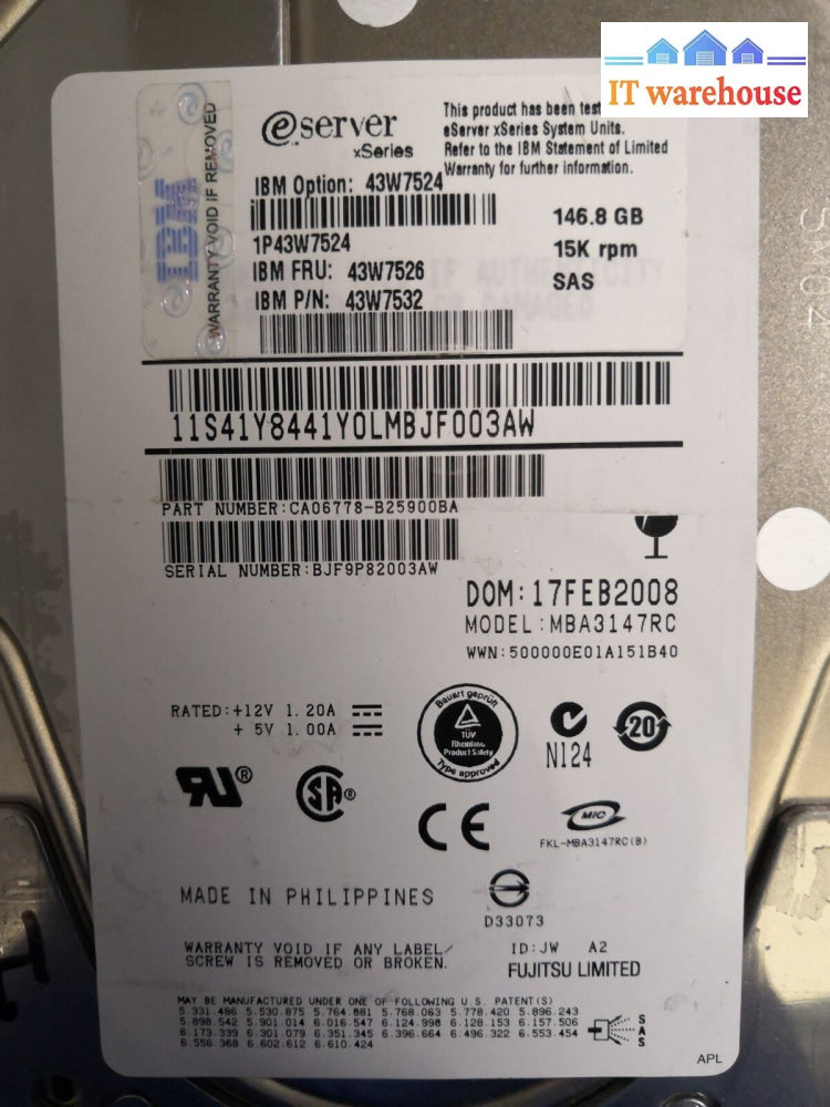 + *Lot Of 2* Ibm 146Gb Sas 3.5 15K Hdd 146G 43W7526 43W7532 Mba3147Rc Ca06778 @@