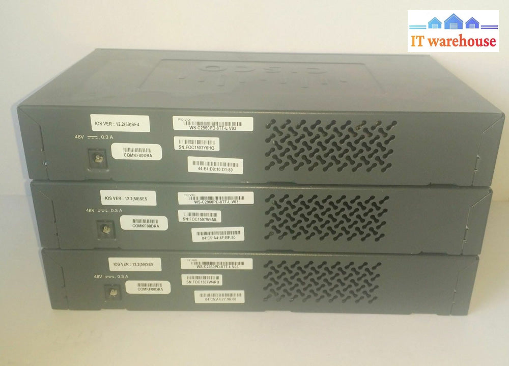Lot Of 3 Cisco Catalyst 2960 Series Ws-C2960Pd-8Tt-L V02 8-Port Switch (No Ac)