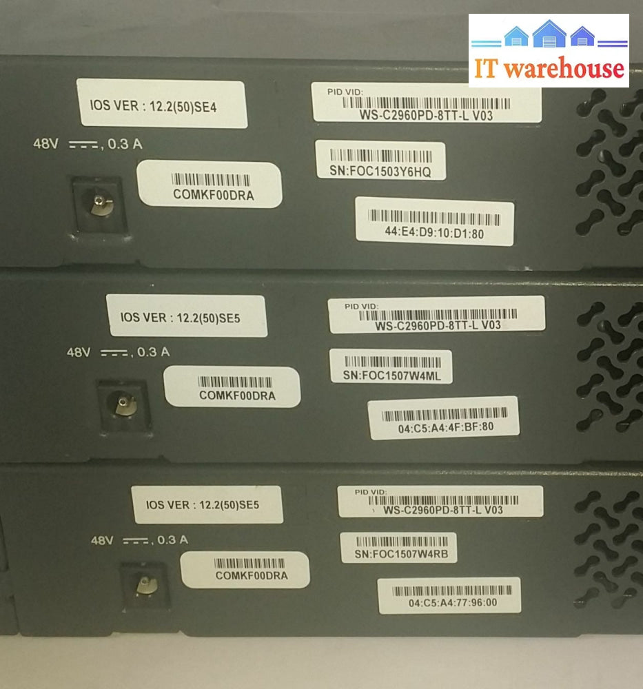 Lot Of 3 Cisco Catalyst 2960 Series Ws-C2960Pd-8Tt-L V02 8-Port Switch (No Ac)