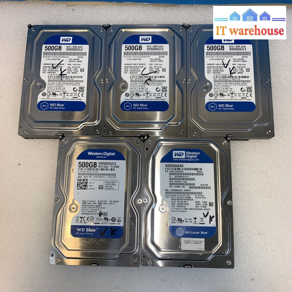 Lot Of 5 Wd 500Gb 3.5’ Sata Hard Drive (1000 Days Lifetime Remaining)