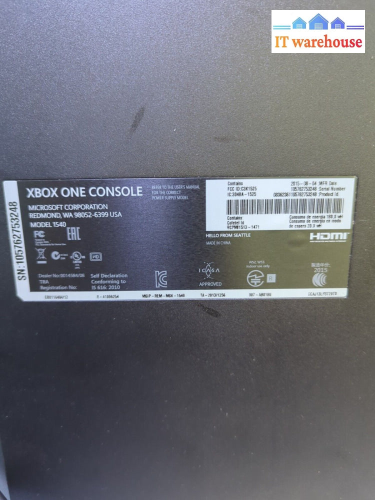 Microsoft Xbox One Black 1540 500Gb Home Console + Controller Tested -