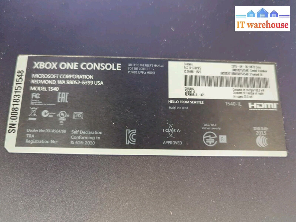 Microsoft Xbox One Black 1540 500GB Home Console Only (NO AC) Tested