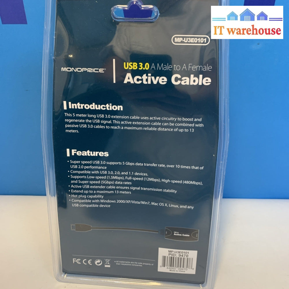 Monoprice USB-A to USB-A Female 3.0 5 Meter Active Extension Cable, Black