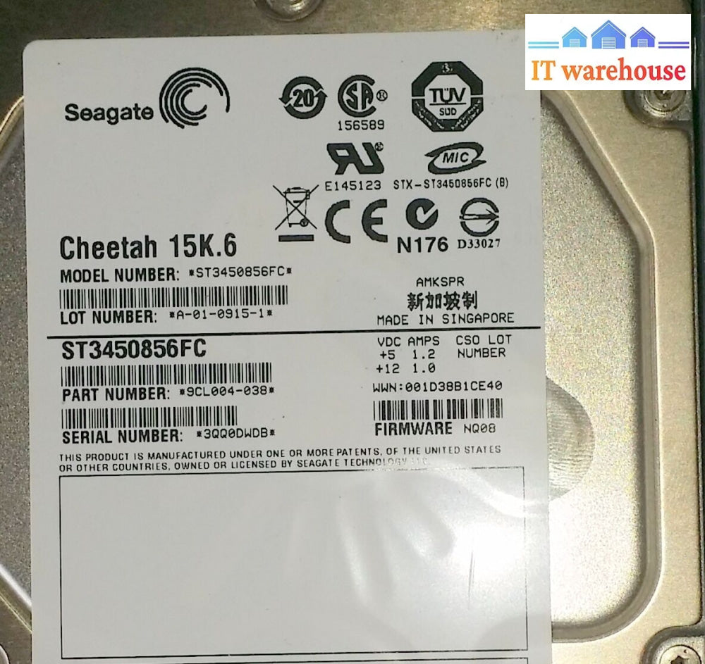 Netapp St3450856Fc 108-00205 450Gb 3.5’ 15K Fc 9Cl004-038 Nq08 @@@