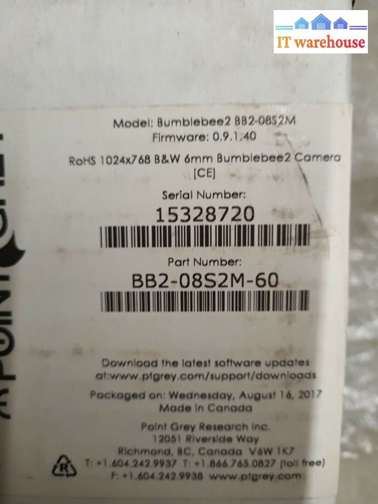 - New Point Grey 6.0Mm Bumblebee 2 Bb2-08S2M-60 Stereo Vision Camera System