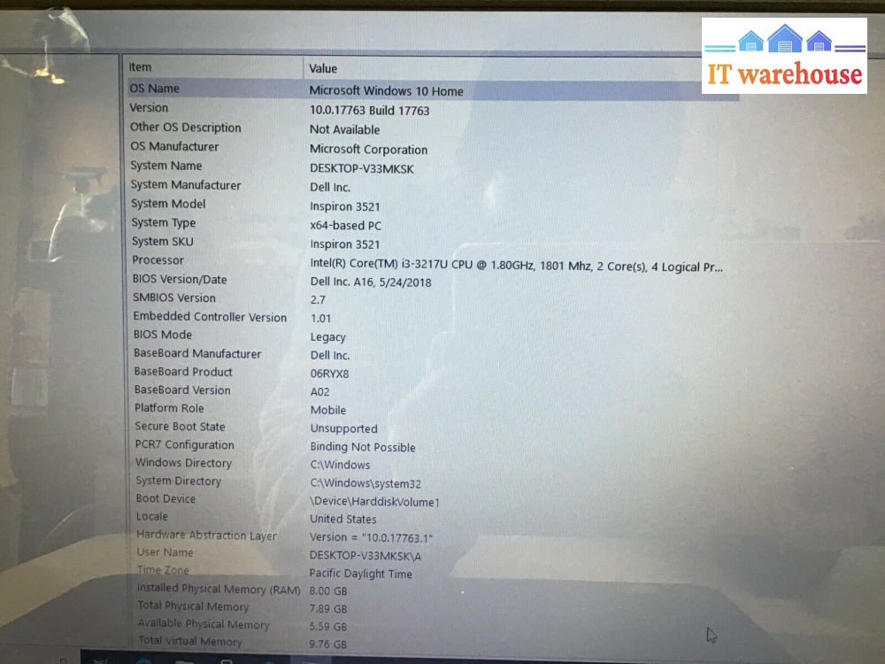Nice Dell Iinspiron 3521 15.6’Laptop I3-3217U 1.8Ghz 8Gb Ram 750Gb Hdd Win 10