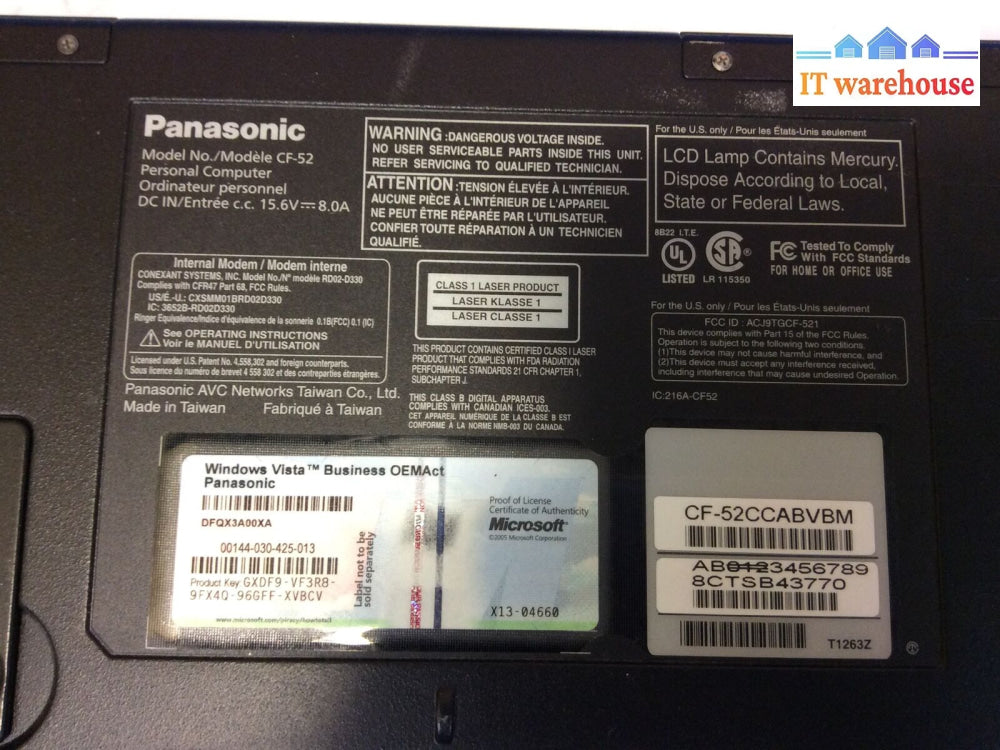 Panasonic Toughbook Cf-52 15.4’Laptop Intel C2D T7100 1.8Ghz 1Gb No Hdd Caddy