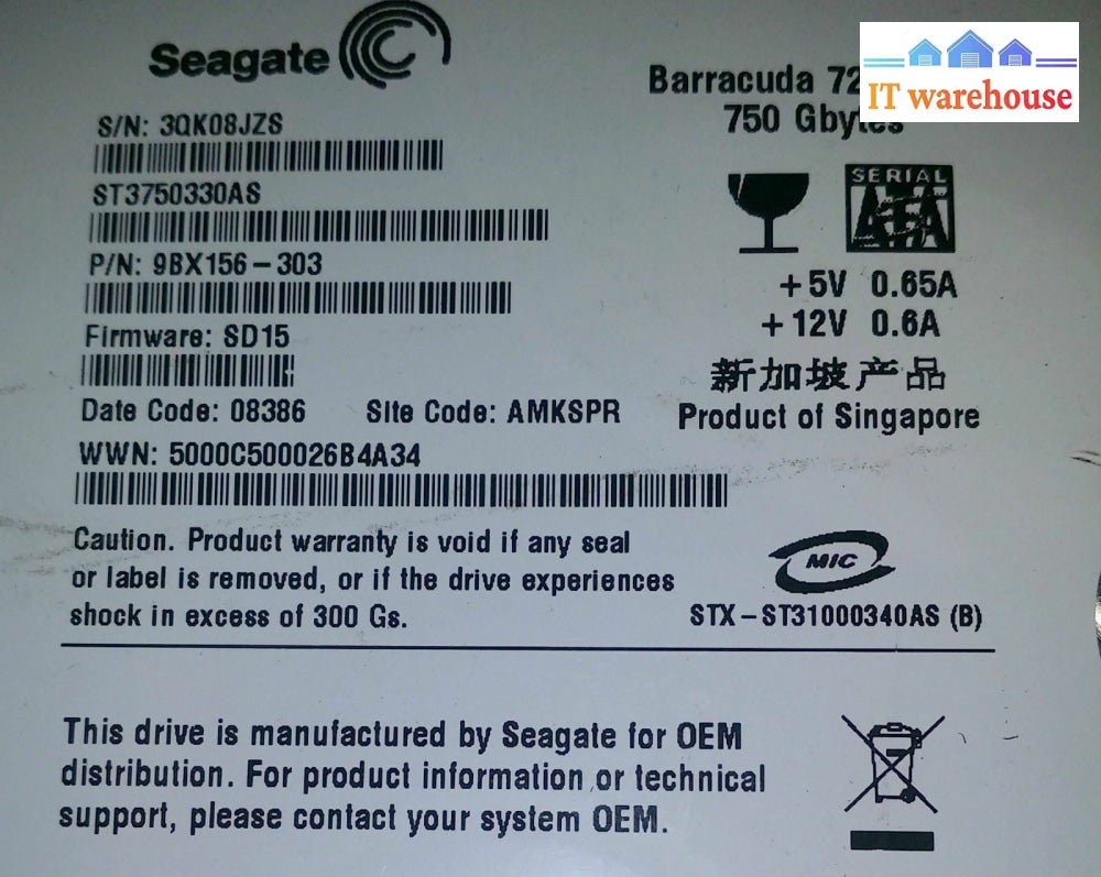 PCB - ST3750330AS 750GB SATA P/N: 9BX156-303 FW:SD15 Site: AMKSPR