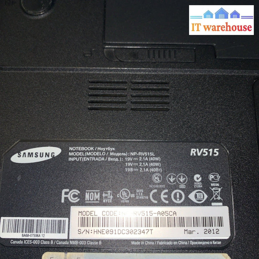 Samsung RV515 Laptop NP-RV515L 15.6 AMD E-350 4GB 500GB Windows XP Pro SP3
