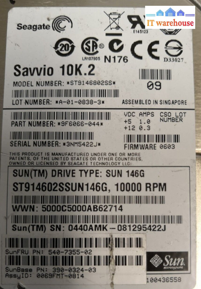 - Sun 146Gb 10K Sas 2.5 Hard Drive Seagate St9146802Ss 9F6066-044 @@@