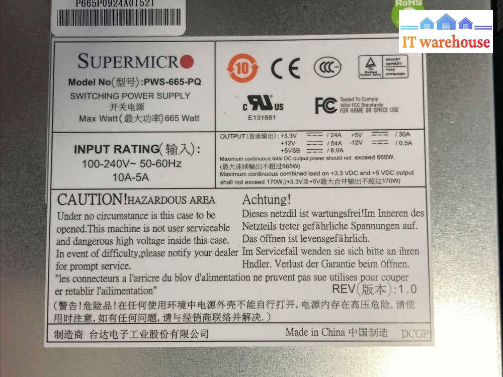 Supermicro Pws-665-Pq 665W Switching Power Supply