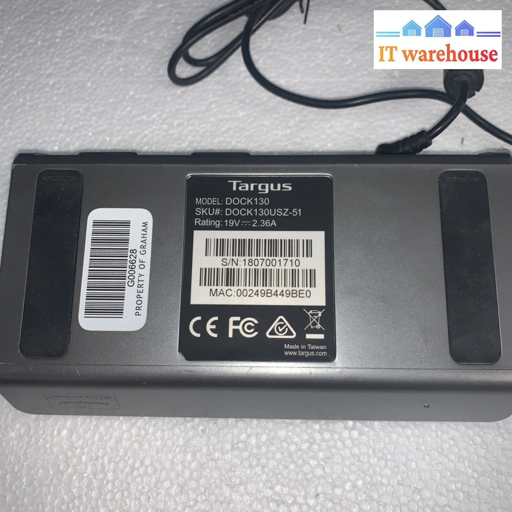 Targus DisplayLink Dual Video 4K Docking Station DOCK130 w/ Power Adapter