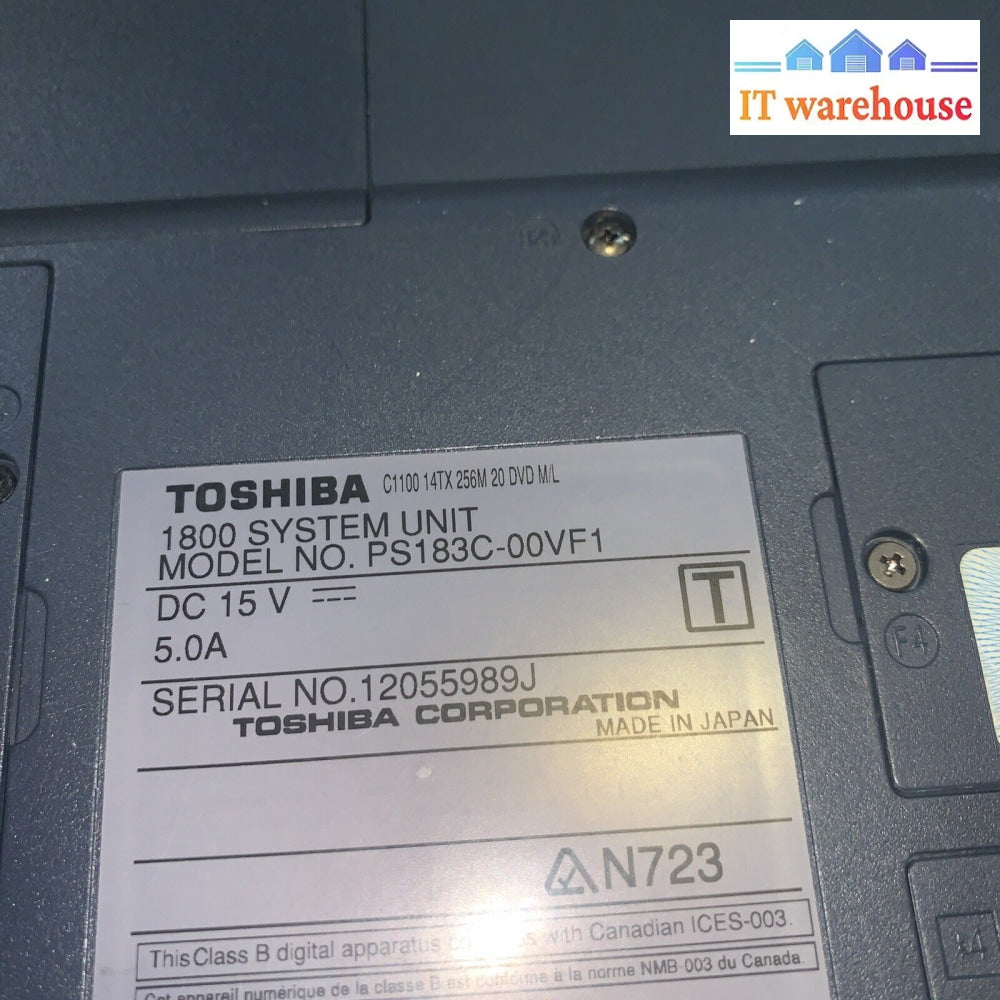 Toshiba Satellite 1800 laptop Celeron 100 512MB 20GB Windows XP Pro SP3