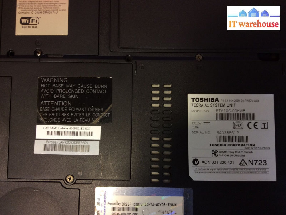 TOSHIBA TECRA A1 15”Laptop Intel Pentium 4 2.4GHz 725MB RAM 30GB HDD Win XP