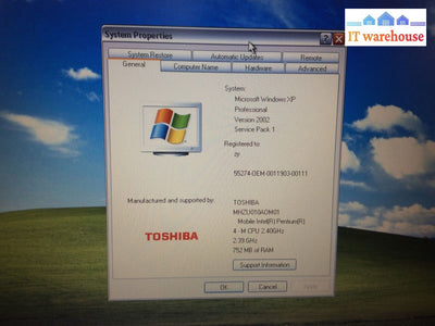TOSHIBA TECRA A1 15”Laptop Intel Pentium 4 2.4GHz 725MB RAM 30GB HDD Win XP