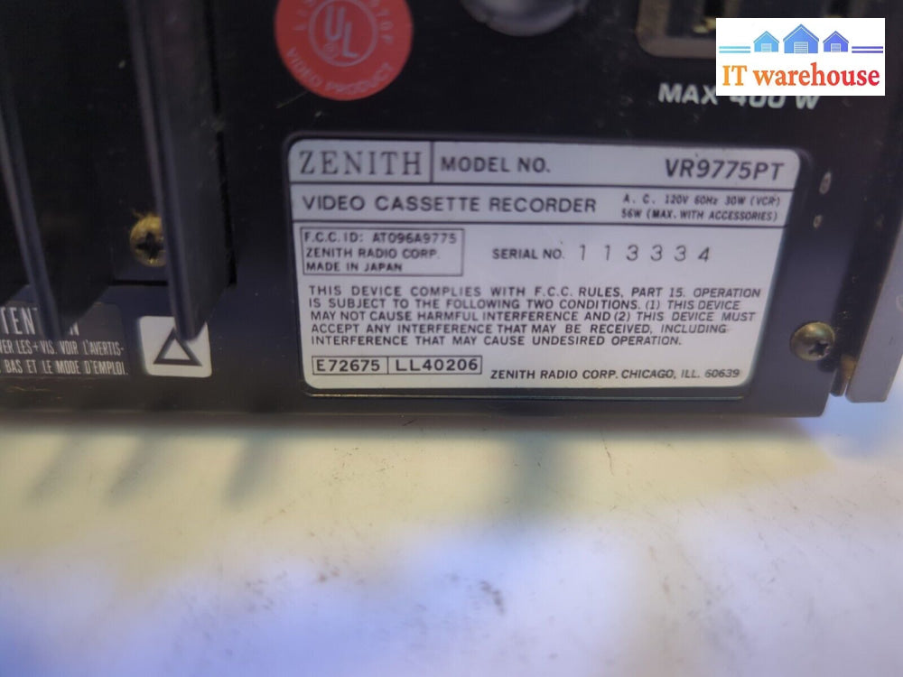 Untested ~ Zenith Vr9775Pt Video Cassette Recorder Director (No Remote)-