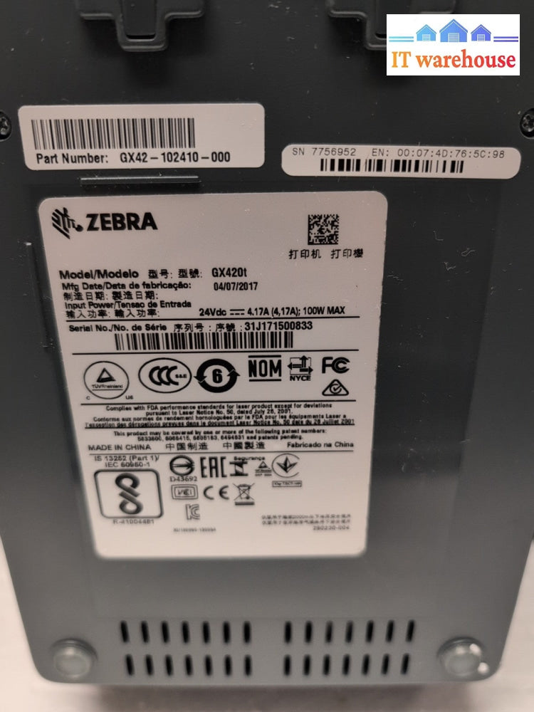 (UNUSED) Zebra GX420T Thermal Transfer Label Printer LAN USB GX42-102410 -