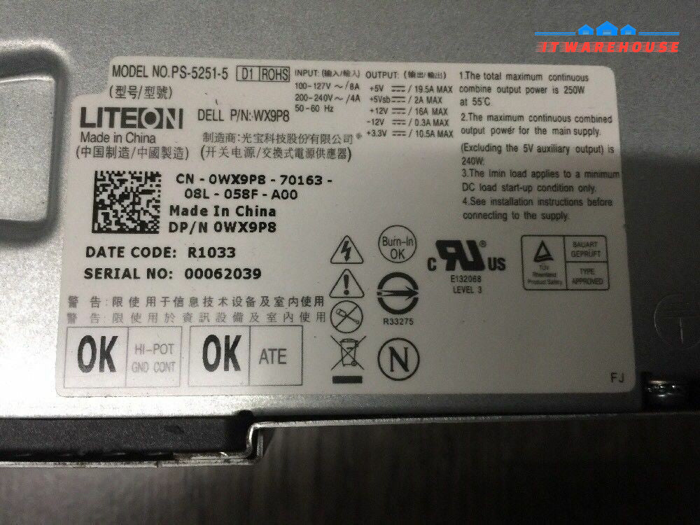 1 x LiteOn WX9P8 Dell Vostro 230 250W 24-Pin Desktop Power Supply @@@