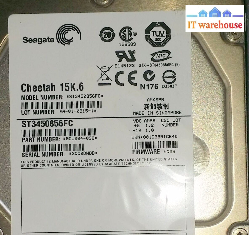 1 x NetApp ST3450856FC 108-00205 450GB 3.5" 15K FC 9CL004-038 NQ08 w/ Tray @@@