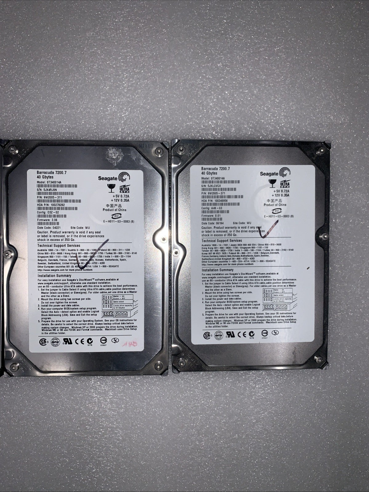 Lot of 4 Desktop 40GB 7.2K IDE hard drives