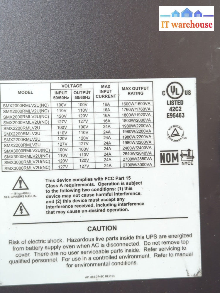 1x APC SMX3000RMLV2UNC Smart UPS 2700W 120V 2U W/AP9631 (NO Batteries) -