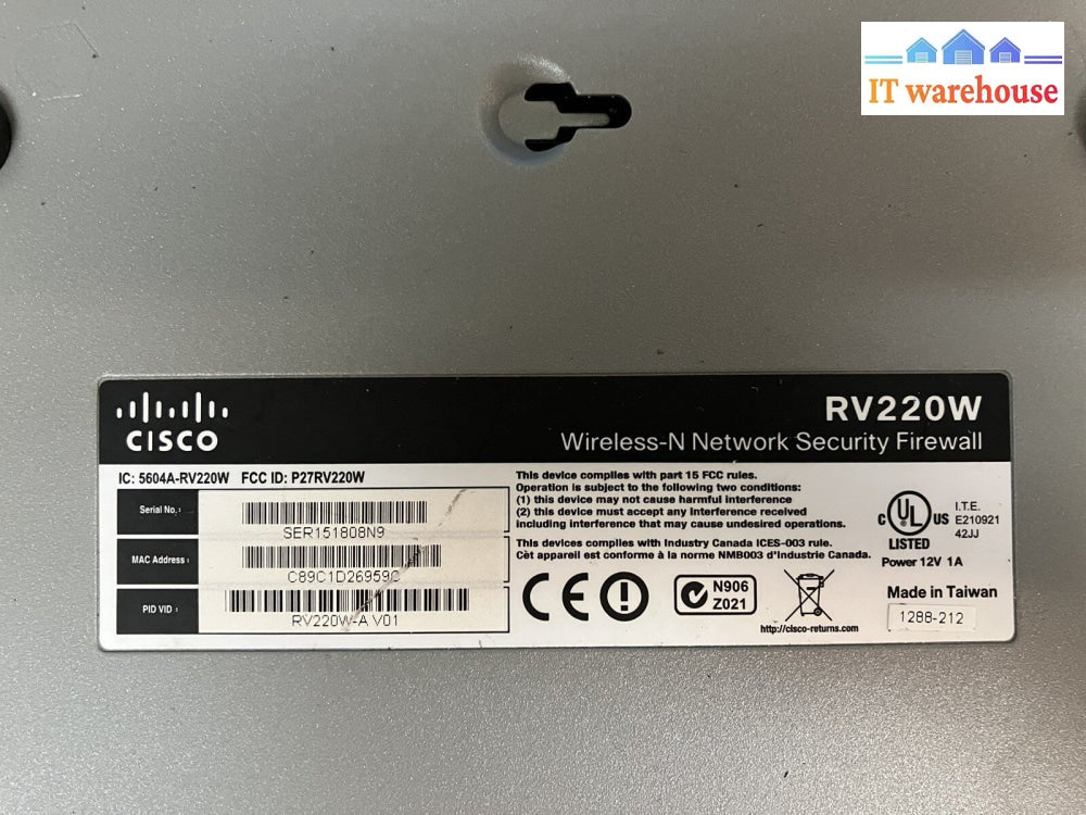 (1x) Cisco RV220W Wireless 4 Port Ethernet Switch Security Firewall Router + Ac