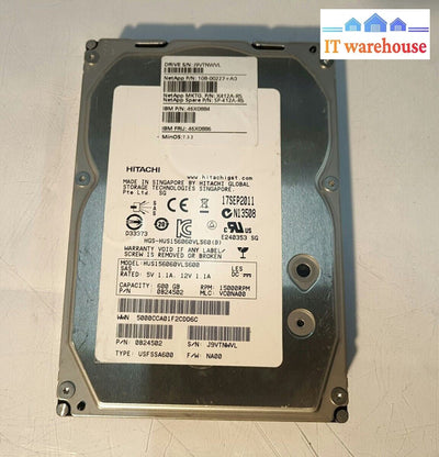 -1x Hitachi IBM 600GB 15K 3.5"  SAS Drive HUS156060VLS600  46X0884 46X0886