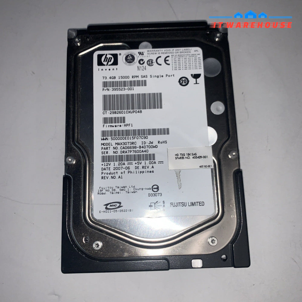 (1x)   HP 395523-001 405429-001 73GB 15K 3.5" max3073rc SAS 73.4GB hard drive