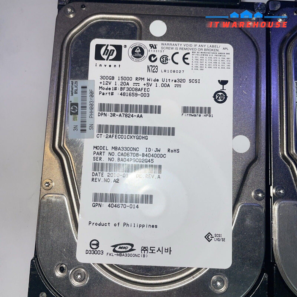 1x  HP BF3008AFEC 481659-003 300GB 15k  8MB SCSI U320 3.5 " Hard Drive