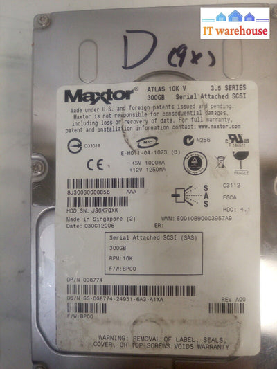 (1x) Maxtor Atlas V 300GB 10000Rpm hdd 0G8774 3.5" SCSI SAS Disk @
