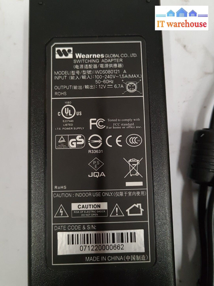- 1x NEW WEARNES WDS080121 /DVE DSA-90W-12 4PIN 12V 6.7A ADAPTER  For  PT-5500