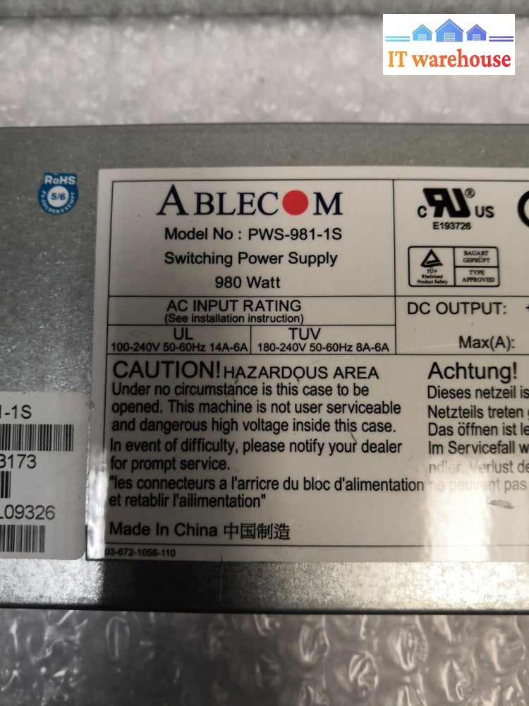 - 1x PWS-981-1S 672042013173 supermicro/Ablecom 980 WATT PSU @@@