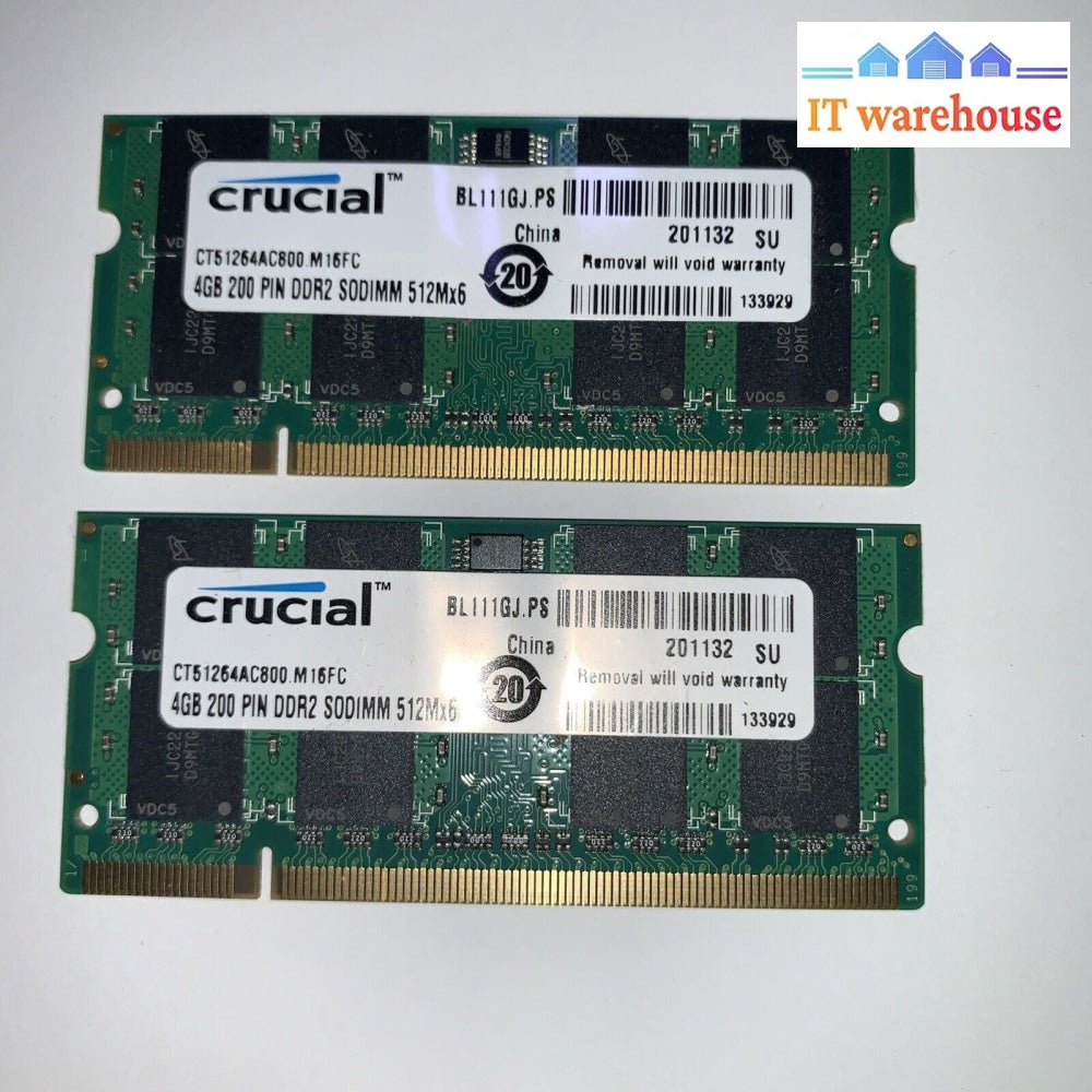 2 x Crucial 4GB DDR2-800 CT51264AC800.M16FC SODIMM PC2-6400 NON-ECC memory Ram