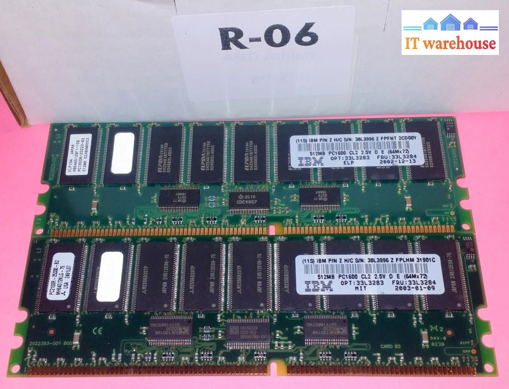 2 x Elpida 512MB DDR PC1600 IBM 33L3284 38L3996 ECC memory 2.5v