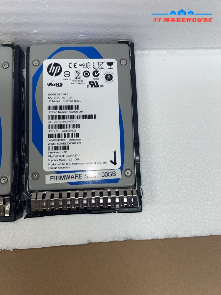 2 x HP 100GB SAS 6G 2.5'' Solid State Drive 632429-001  ( 1000 days remaining )