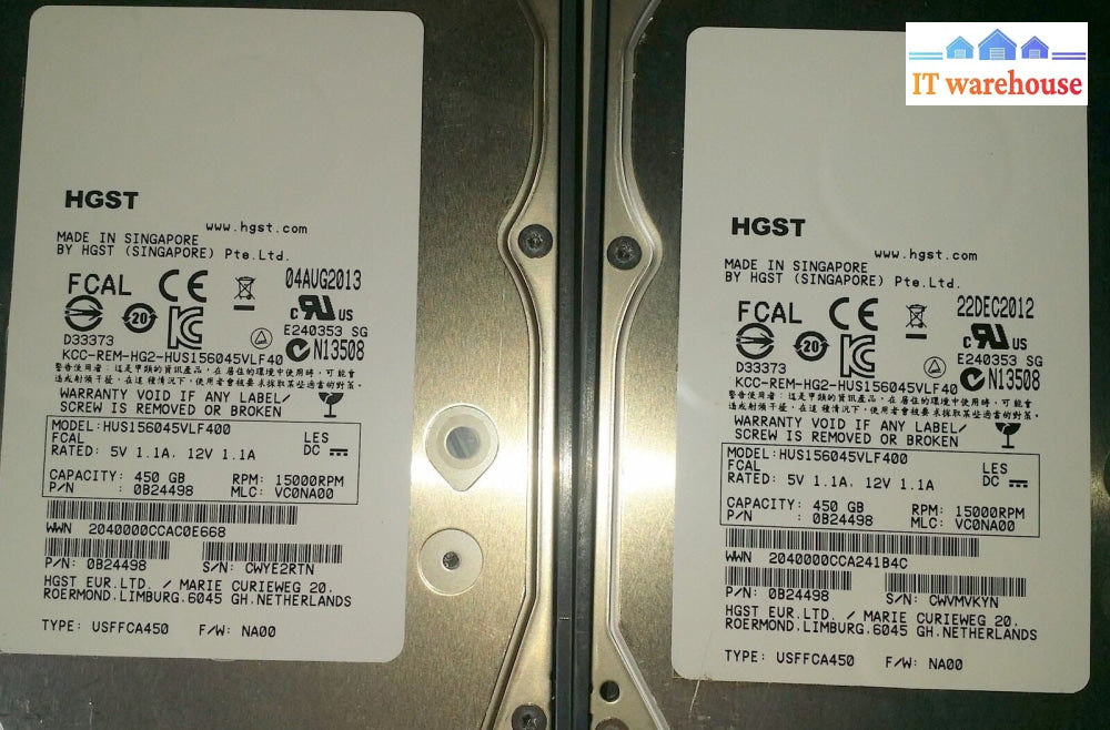 2 x NetApp HGST HUS156045VLF400 108-00205 450GB 3.5" 15K FC  NA00 w/ Tray# @@@