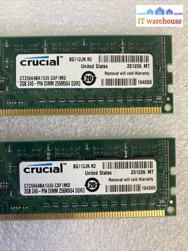 (2x 2GB) Crucial BG112JN.N2 DDR3-1333 PC3-10600 CT25664BA1339 .C8F1MD DIMM RAM ~